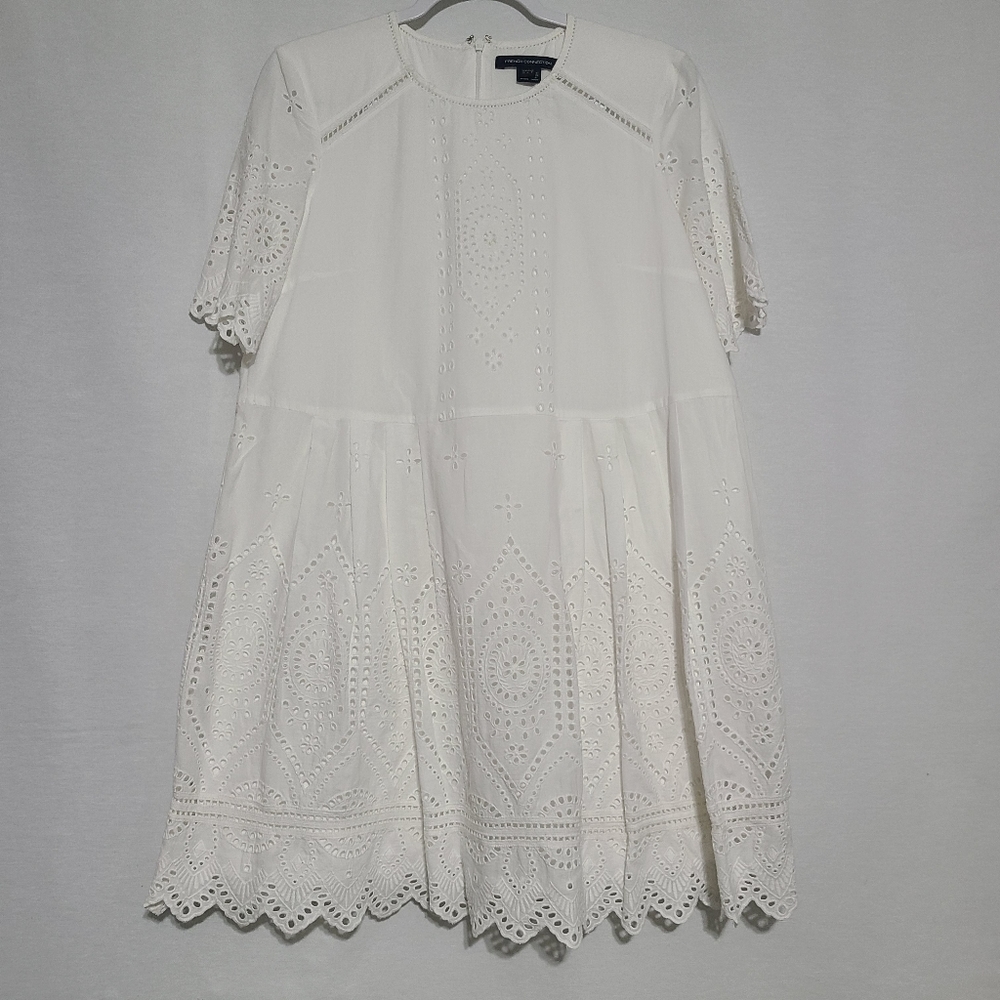 French Connection Women's Cotton Broderie White Short Sleeve Eyelet Dress sz 8